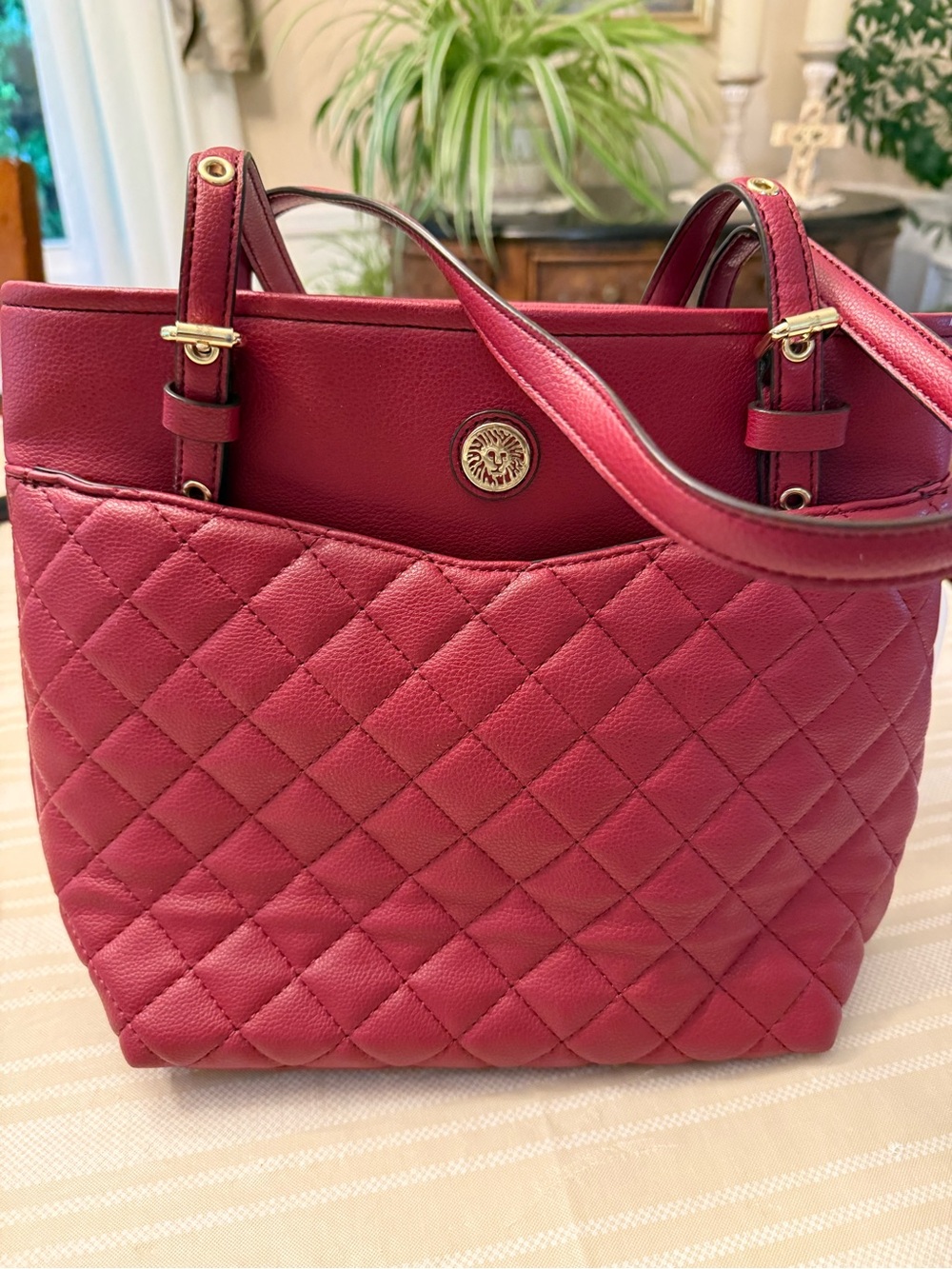 Anne Klein -Quilted Leather Tote Bag Burgundy -Women's Handbag-11 x 13 1/2  x 3”